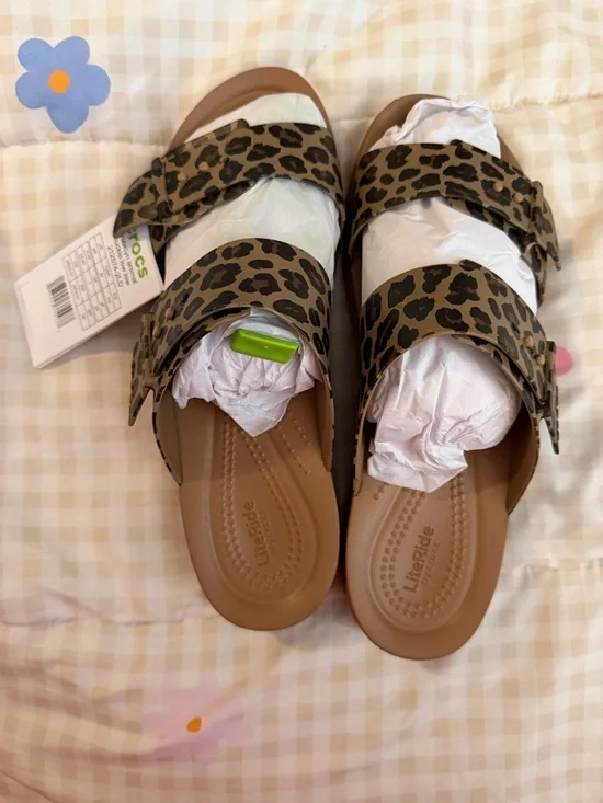 Crocs Leopard Print Double-Strap Slide Sandals - Brown/Black - Picture 1 of 1